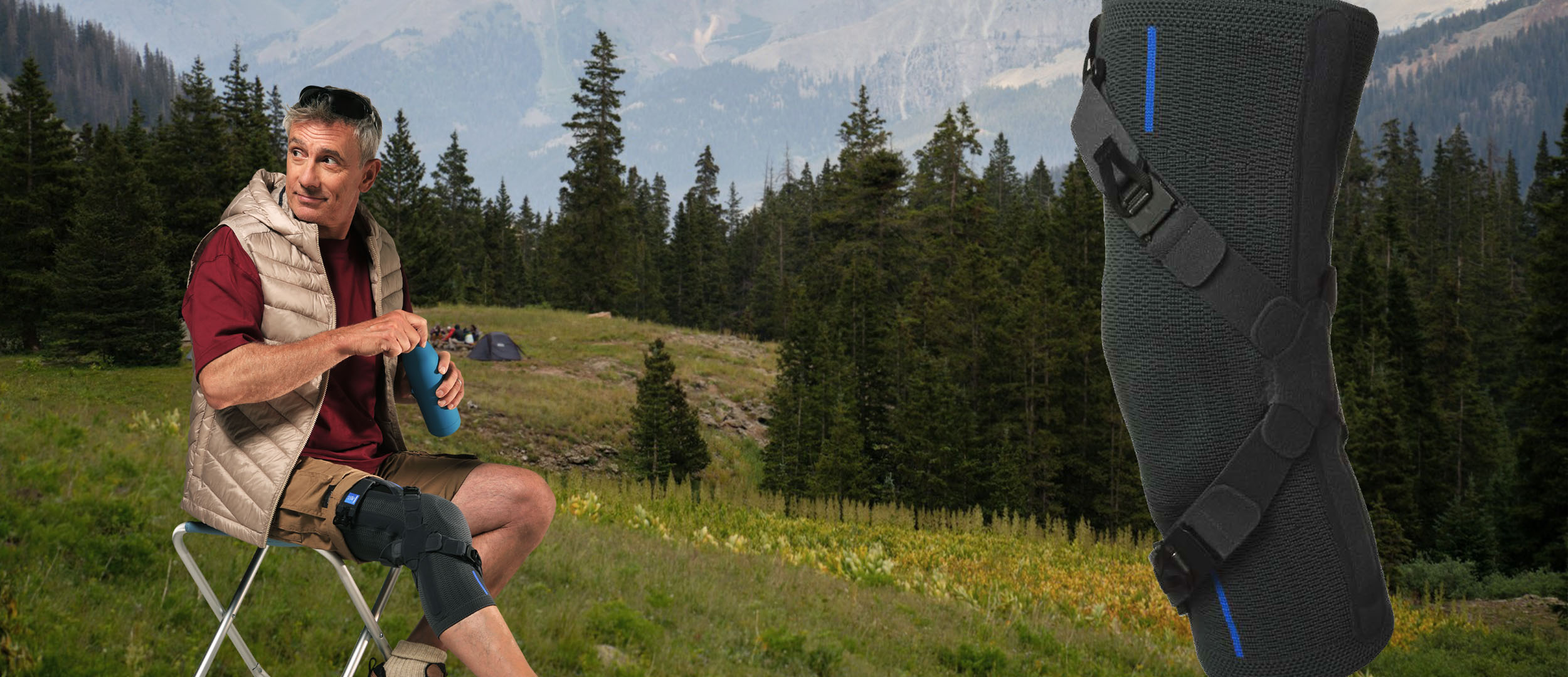 man wearing th Genu OA osteoarthritis knee brace while camping